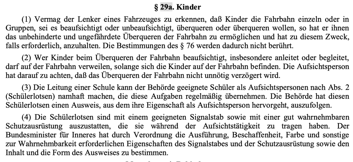 @ulrich_leth @ORF Kinder sind nicht nur vom Vertrauensgrundsatz ausgenommen, für sie gilt sogar ein extra § in der StVO der ihnen JEDERZEIT das Überqueren der Straße erlaubt. Das ist der § 29a StVO: