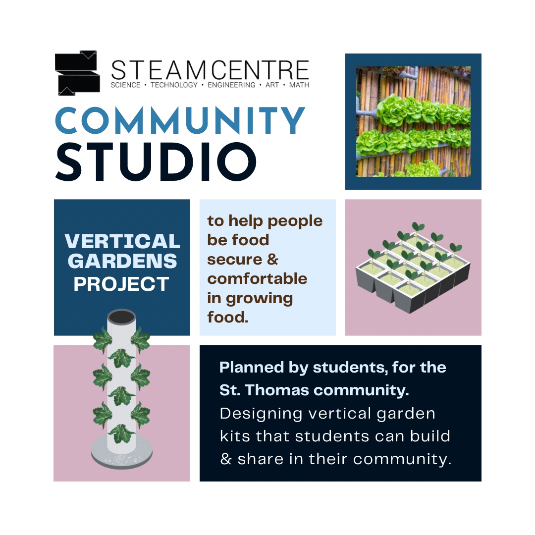 Another STEAM Community Studio project a group of students will be working on are vertical gardens! This project educates on food security concerns and increases student’s confidence with growing their own food.