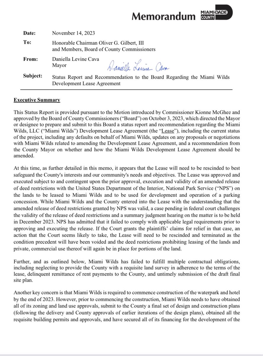 doug_hanks's tweet photo. In a memo today, @MayorDaniella asks commissioners to back terminating the Miami Wilds lease on Zoo Miami parking areas, a move that would kill the water park plan. Background: https://t.co/3JB70ggUPy https://t.co/fcAUFFjGSK