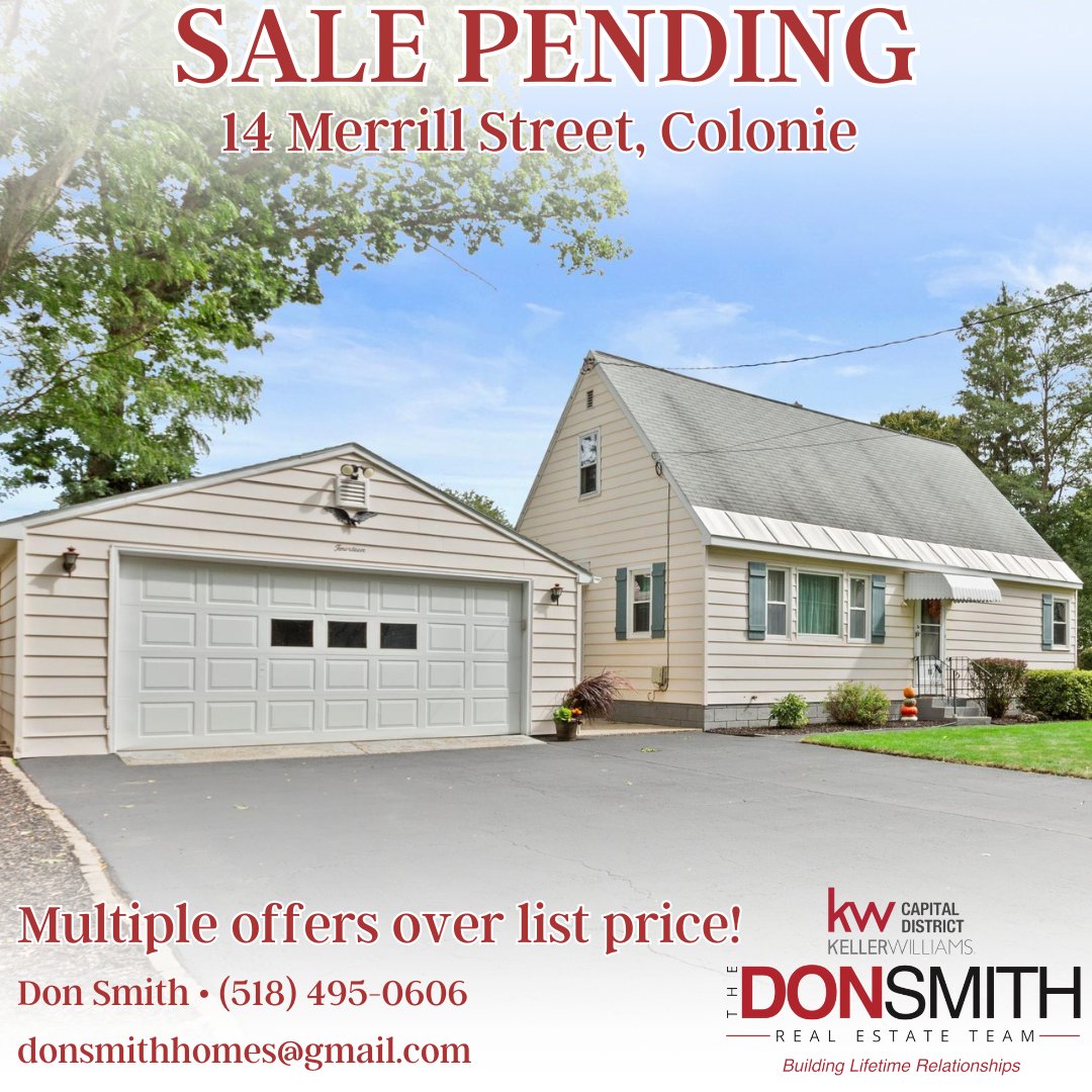 Our seller client received multiple offers on his home, and soon will be moving on to the next chapter in his life. This is what we do at The Don Smith Real Eatate Team!

#TheDonSmithRealEstateTeam
#SeeSoldSignsSooner
#KellerWilliams
#KW
#SalePending
#ColonieNY
#2Family