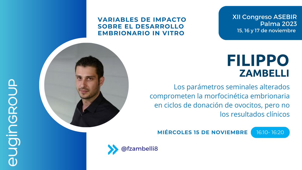 Primera jornada de Congreso <a href="/ASEBIRreprod/">ASEBIR</a> y primera presentación para el <a href="/Eugin_Group/">Eugin_Group</a> de la mano de @fzambelli8.
🔹Será a las 🕓16:10
🔹En el apartado de Comunicaciones orales:
🔬"Variables de impacto sobre el desarrollo embrionario in vitro"

#IVF #embriología #Reproducción