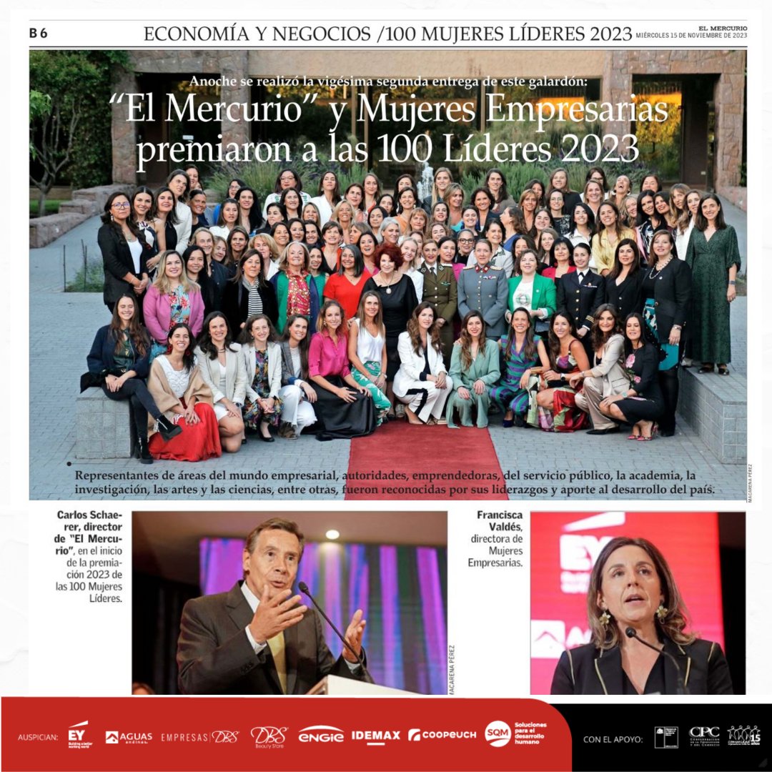 🏆 Ayer vivimos la 22ª premiación de las 100 Mujeres Líderes 2023 junto a @DiarioElMercurio.
Estamos felices y orgullosa de seguir visibilizando y reconociendo el liderazgo de la mujer en todos los ámbitos. 

#100ML2023
#100MujeresLíderes2023