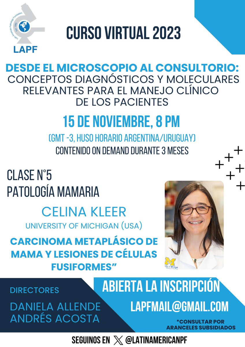 ⚠️Recuerda, hoy 8 pm (Argentina) 
Clase N°5: Patología Mamaria, Dra. Celina Kleer
¡Te esperamos!
#cursovirtual #LAPF #patologíamamaria #patologia
<a href="/Allende_DS/">Daniela Allende, MD MBA</a> <a href="/Andres_Matoso/">Andres Matoso</a> <a href="/Andres_M_Acosta/">Andres Martin Acosta (Andy)</a> <a href="/CelinaKleer/">Dr. Celina Kleer, M.D.</a> <a href="/CPHpath/">Carlos Parra-Herran MD</a>