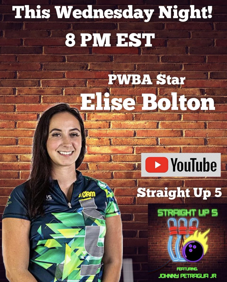 Tonight at 8pm the fellas at @StraightUp5Pod talk to PWBA’s @EliseBolton You can watch and interact on the Straight Up 5 YouTube channel, Make sure you like and subscribe. @PWBATour @PBATour