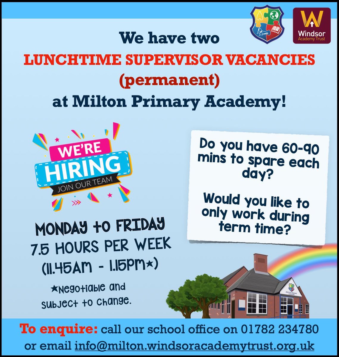 milton_primary's tweet photo. We are currently looking to recruit two lunchtime supervisors 🍱  who are passionate about facilitating children's 👧 👦  play and want all children to enjoy a safe and secure playtime. 🏀 

📍 If you are interested, please contact 📞  our school office. https://t.co/pdhrftFxUv