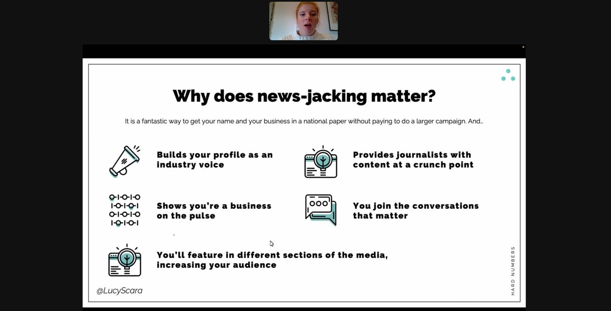 CelineBeirnePR's tweet photo. Fantastic insights from @LucyScara in @HardNumbers' #PR 101 webinar. 📈

#Newsjacking is a 10/10 way to diversify getting your name out there. Lucy gives the lowdown on why it matters, best practices, and tips on securing national wins. 👏 https://t.co/nQbGoQ3hS7