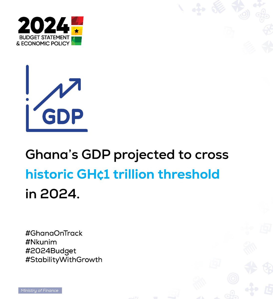 oofmghana's tweet photo. "The 2024 Budget is even more significant because we will cross the GH¢1 trillion Gross Domestic Product (GDP) mark for the first time in our economic history" 

#2024Budget 
#Nkunim
#GhanaOnTrack https://t.co/6ohYeb8azb