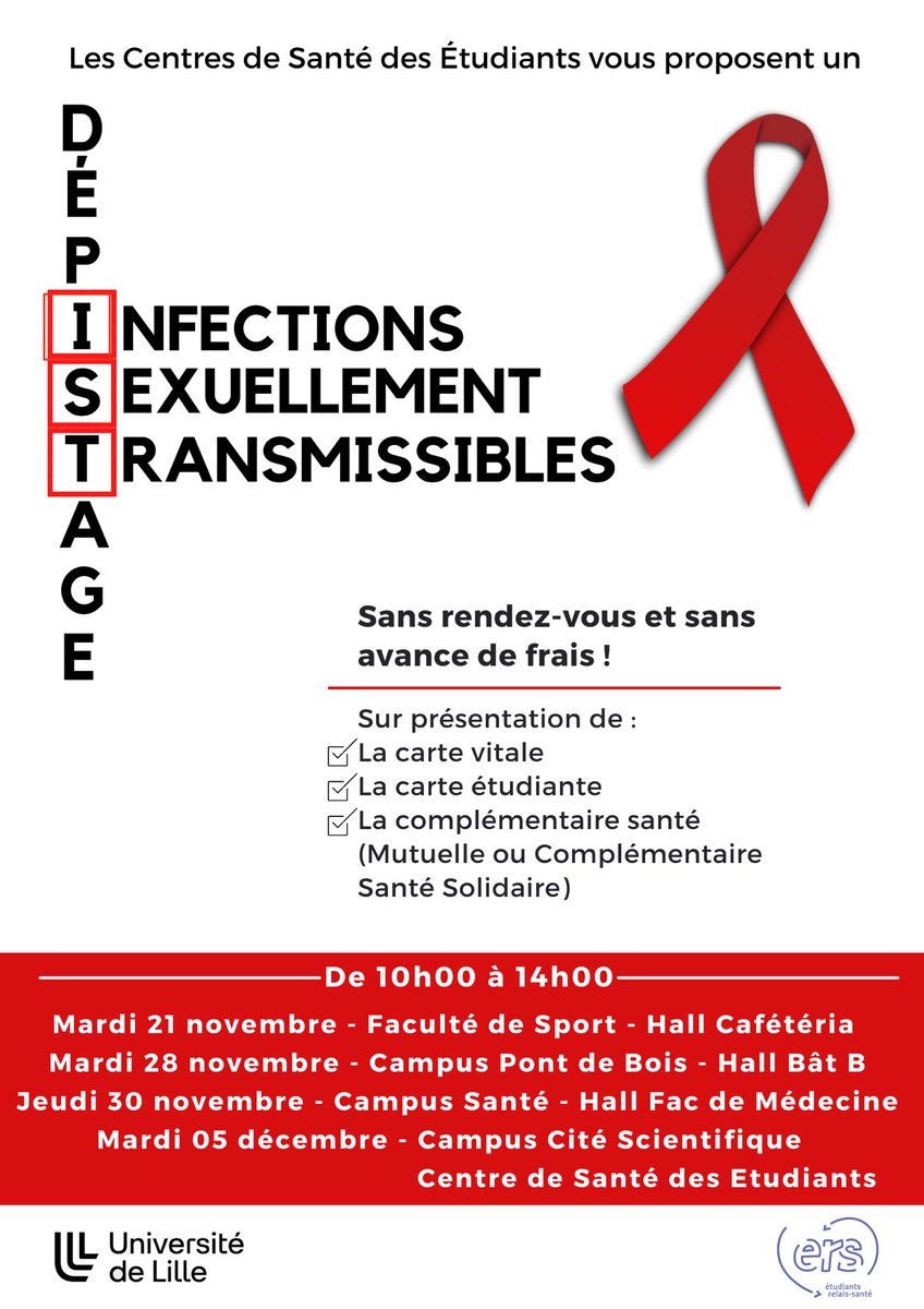 <a href="/UFR3S_ULille/">UFR des Sciences de Santé et du Sport (UFR3S)</a> Médecins, infirmières et secrétaires des centres de santé des étudiant·es seront présent·es pour assurer le dépistage*, accompagné·es des Etudiant·es Relais Santé.

*sur présentation de la carte étudiante, vitale et de la mutuelle santé complémentaire à jour ✅