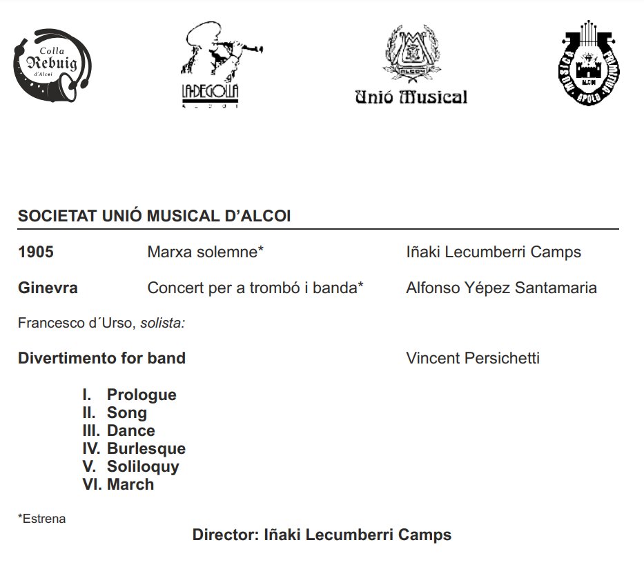 UnioMusical's tweet image. 🎼 CONCERT SANTA CECÍLIA 2023 🎼

Dissabte 25 de novembre, a les 18.30 h al Teatre Calderón Alcoi

Entrades a: home.ticketalcoi.com/eventos/concer… i a la taquilla del teatre.