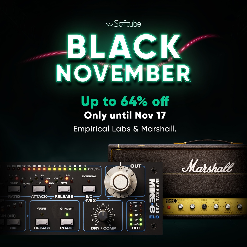 Only till Nov 17. Based on the Distressor, Mike-E is now only $79. Or get even more modern analog flavor for less with the full ELI set for just $169. Get huge savings on Marshall Plexi Super Lead 1959 & Marshall JMP 2203. Only $35 each until Friday. softube.com/promos/black-n…