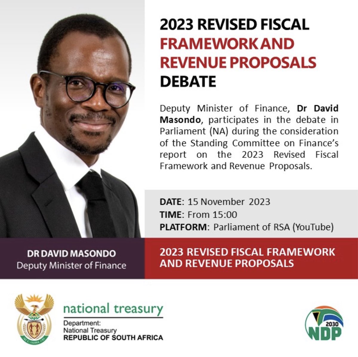 DrDavidMasondo's tweet photo. After the tabling of the 2023 MTBPS by the Minister of Finance on 1 November, today I’ll be participating in the debate to consider the adoption and approval of the budget policy statement as well as all Bills presented on the day.
Watch on: https://t.co/eTjVkDCxA7
#MTBPS2023 https://t.co/qxr7zcuiH4