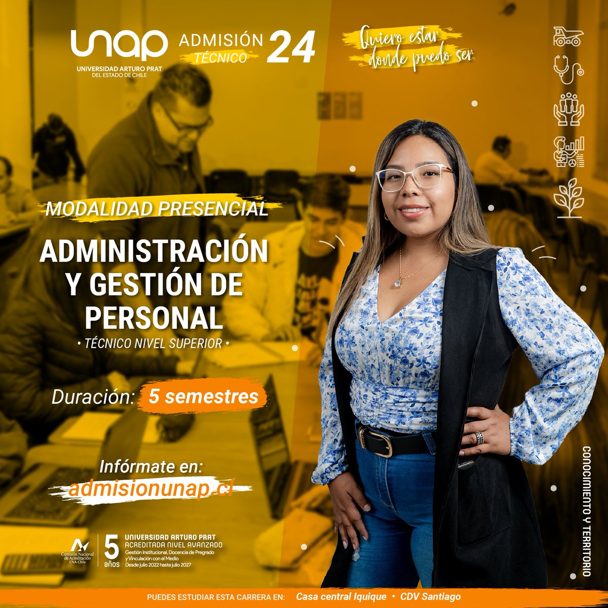 Matricúlate gratis en la carrera TNS en Administración y Gestión de Personal de la #UNAP.

Postula en: admisionunap.cl, hasta el 31 de diciembre de este año.

#QuieroEstarDondePuedoSer #Admisión2024 #ConocimientoYTerritorio #Iquique #Santiago