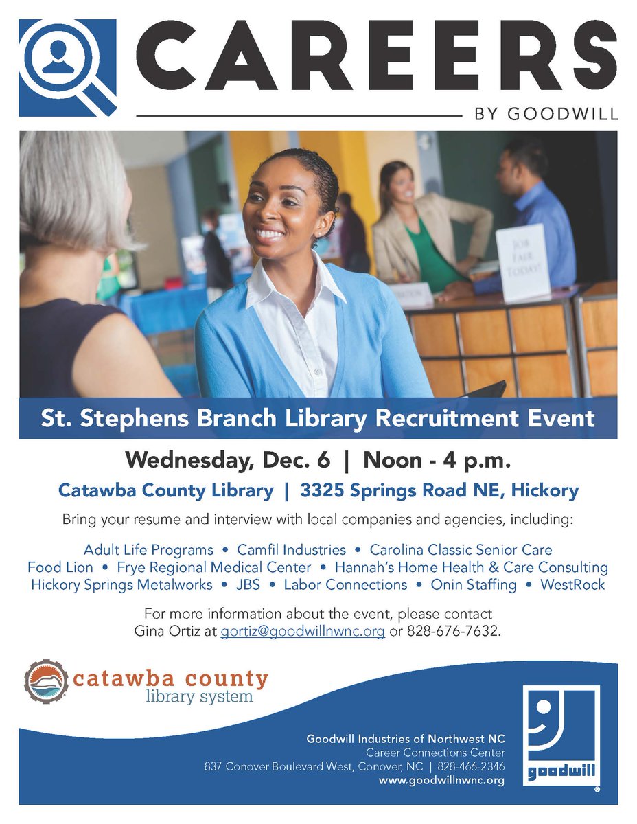 Catawba County Public Library is teaming up with Goodwill Industries of Northwest NC to host a Job Fair on December 6th from 12pm to 4pm at St. Stephens Branch Library. See the event flyer for more information. #NCWorks #westernpiedmontworks #catawbacounty