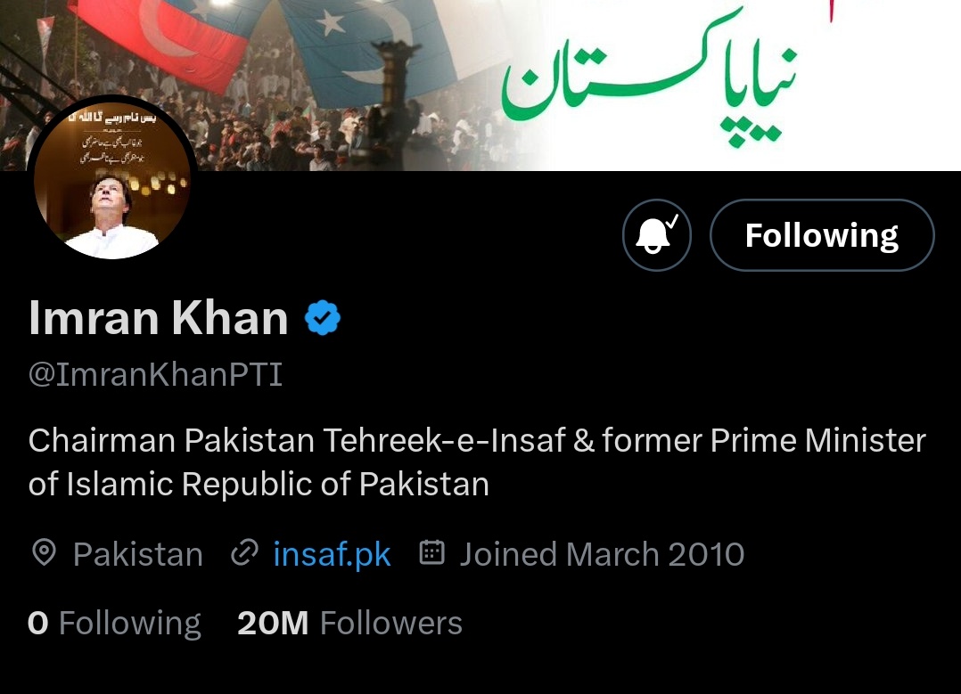 Congratulations to Our Aan baan aur shaan e Pakistan Sir <a href="/ImranKhanPTI/">Imran Khan</a>  for completing 20M followers on X 🎉🎆✌🏻

<a href="/Skiper786/">Kashif Baloch</a> <a href="/PTIofficial/">PTI</a> <a href="/waqas_amjaad/">Waqas Amjad ( محترم )</a> <a href="/jokkeerrr2/">🇵🇰</a> <a href="/BakhtawarGillni/">Bakhtawar Gillani</a> <a href="/balochi5252/">Arslan Baloch</a> <a href="/ThePowerOfPTI/">The Power Of PTI</a> <a href="/iihtishamm/">Ihtisham Ul Haq</a>