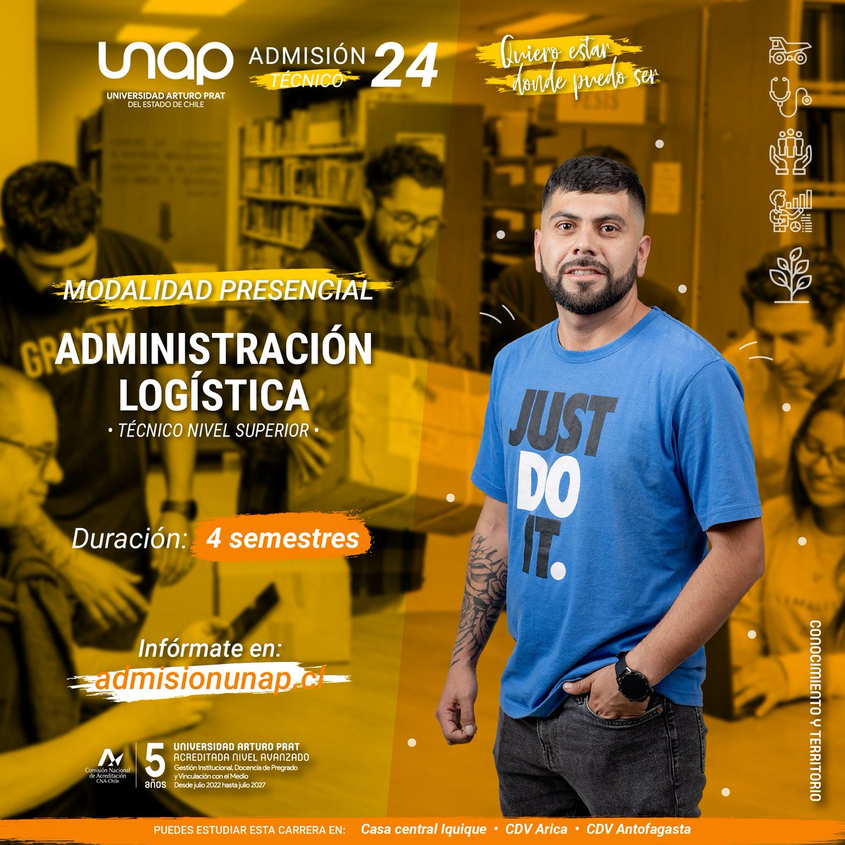Hasta el 31 de diciembre podrás matricularte en la carrera TNS en Administración Logística de la #UNAP.

¿Dónde postular?

Ingresa a: admisionunap.cl y hazlo gratis hasta el 31 de diciembre.

#QuieroEstarDondePuedoSer #ConocimientoYTerritorio #Iquique #Arica #Antofagasta