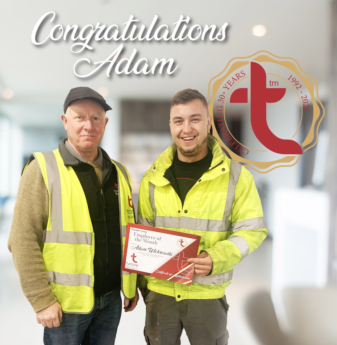 Each month Tyrone Fabrication Managers nominate a particularly hardworking staff member for Employee-of-the-month.
For October Adam Wichrowski was chosen &amp; awarded here by Eamon McDermott. He not only gets the accolade but wins £400 as a reward.
Join us in congratulating Adam!