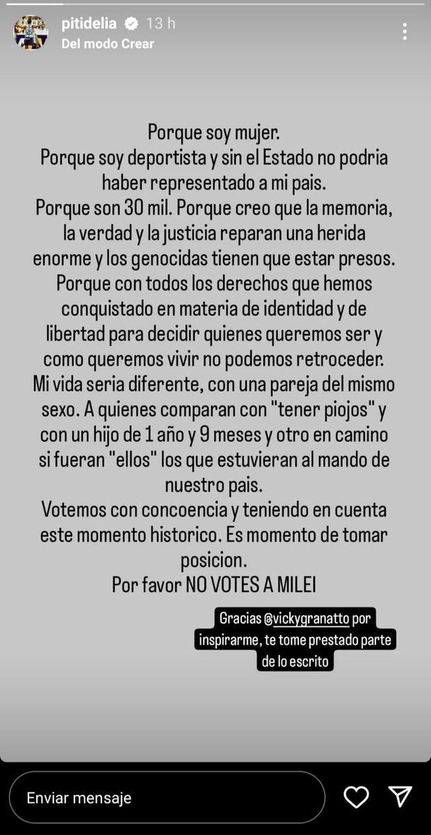 somoscorta's tweet photo. "Votemos con conciencia y teniendo en cuenta el momento histórico"

La jugadora de Las Leonas Victoria Granatto y su excompañera Silvina 'Piti' D'Elía compartieron posteos en historias de Instagram para pedir a sus seguidores y seguidoras que no voten a Javier Milei. https://t.co/FhPgV3Pipr