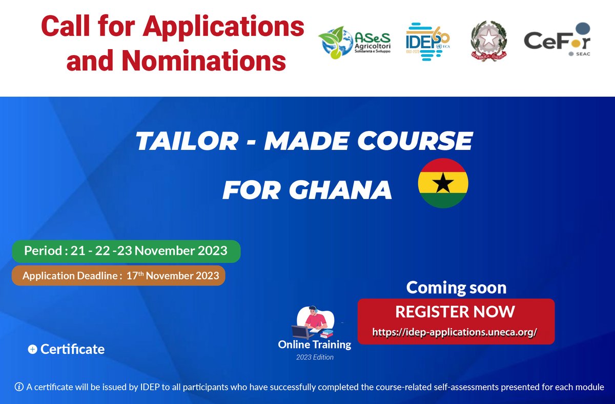 IDEPOfficial's tweet photo. 🇬🇭 #CallForApplications - Tailor-Made course for #Ghana
👉🏿Financial management, digital marketing & records keeping
👉🏿Food & drugs board guidelines & regulations, standards & certification
🗓️2⃣1⃣, 2⃣2⃣ & 2⃣3⃣Nov.
🗣️English
💸Free
📌https://t.co/D8RJkJBcUw
🔚Deadline: 1⃣7⃣nov. https://t.co/cF7QCMANQc