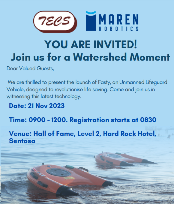 marenrobotics's tweet photo. A promotional event for our FASTY Unmanned Lifeguard Vehicle will be held by our Singapore representative TECS on 21st of November at the Hard Rock Hotel, Sentosa. Send us a message if you would like to join the event.
#fasty #unmanned #lifeguard #lifeguardrobot #singapore https://t.co/LEPxfthm1z