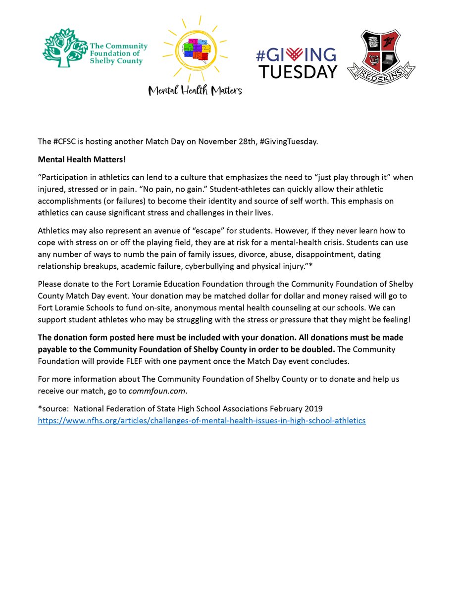 FLSchools's tweet photo. FLEF is participating in CFSC Match Day. We are raising money to fund an onsite, anonymous mental health program for students in grades K-12 at Fort Loramie Schools. Mental health can affect every aspect of our lives. Read the attachments to donate and learn more. https://t.co/0xXBvERdcd