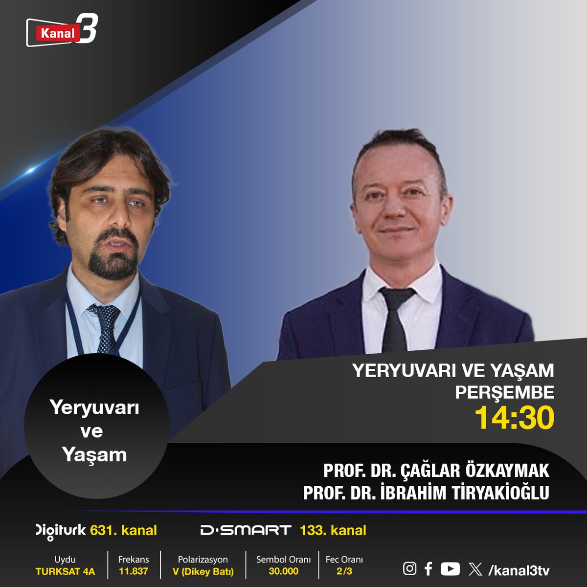 Yeryuvarı ve Yaşam programı üzerinde yaşadığımız dünyanın özelliklerini deprem özelinde sizlere aktarıyor. 
Prof. Dr. Çağlar Özkaymak ve Prof. Dr. İbrahim Tiryakioğlu'nun sunumuyla Yeryuvarı ve Yaşam programı Perşembe saat 14.30'da yeni  bölümüyle Kanal 3'te...