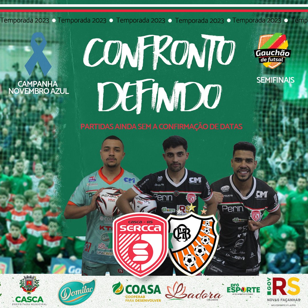 serccacasca's tweet photo. Já conhecemos nosso adversário nas semifinais do Gauchão de Futsal Série A. Será a ACBF de Carlos Barbosa, com o primeiro jogo sendo realizado na cidade de Casca. 

As datas dos confrontos serão informadas posteriormente. 

#SELEsporteparaTodos @SEsporte_RS https://t.co/FePlqM0Oj3