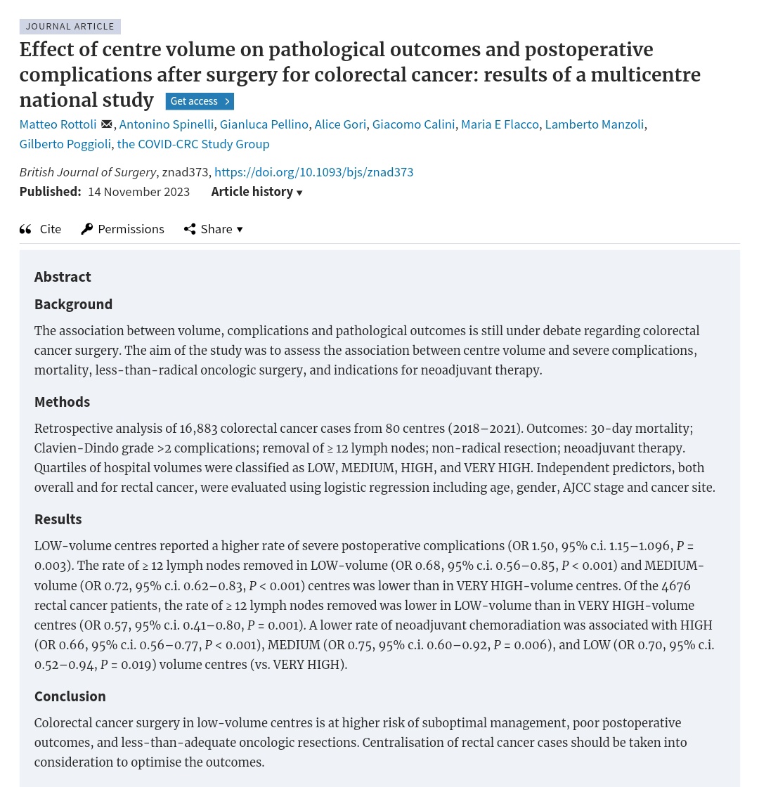 Effect of centre volume on pathological outcomes and postoperative complications after surgery for #colorectalcancer: results of a multicentre national study

academic.oup.com/bjs/advance-ar…

#SoMe4Surgery #colorectalresearch 
@CRC_COVID @BJSurgery