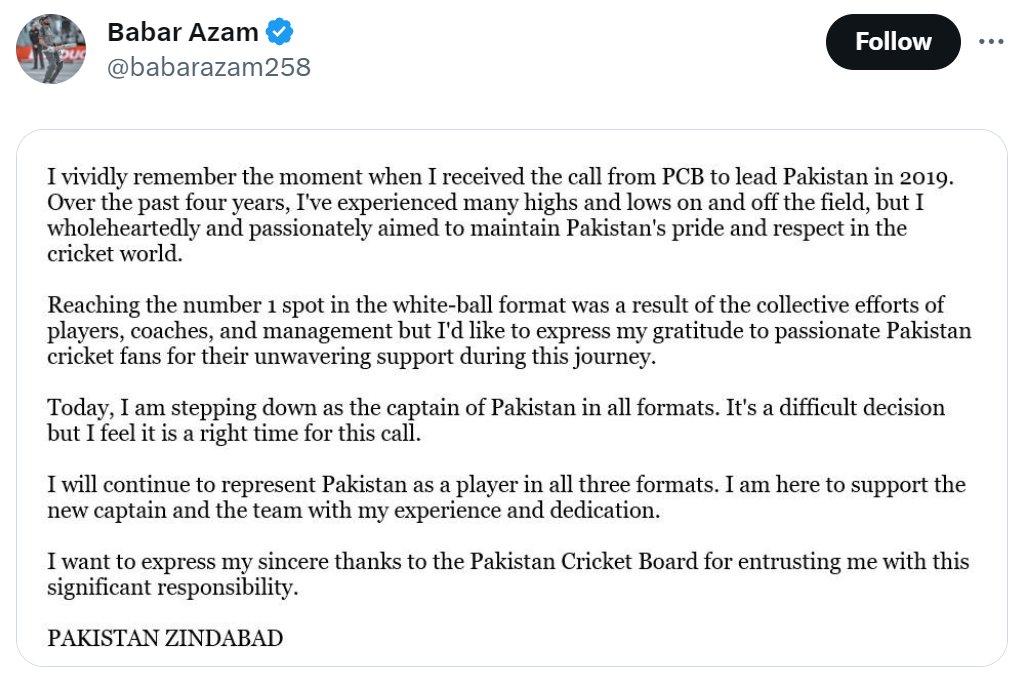 statepress_in's tweet image. Following Pakistan's disappointing World Cup campaign, Babar Azam, the Pakistani captain, has announced his resignation as captain across all cricket formats.

#BabarAzam #PakistanCricket #StatePress