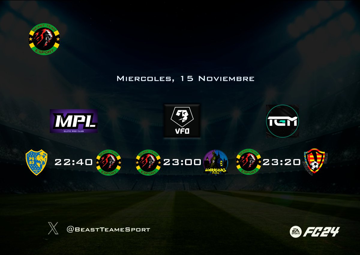 ❗️❗️⚽️Aquí tenemos nuestros rivales de hoy⚽️❗️❗️

⏰22:40 🏆@MPL_VSL_EAFC24  VS <a href="/PoliquimperNG/">PoliquimperNextGen</a> 
⏰23:00 🏆<a href="/VFOspain/">VFO España</a>  VS @Warriors10vs10 
⏰23:20 🏆<a href="/LigaTGM/">Liga TGM</a>  VS <a href="/EterNaL__Team/">Eternal team</a>