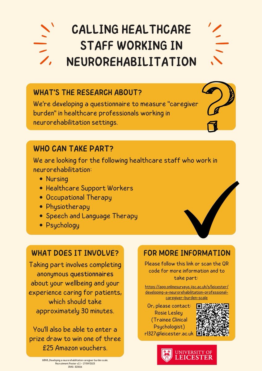 Rosie Lesley (@rosieclesley) on Twitter photo Calling healthcare staff working in neurorehab!
I'm developing a questionnaire to measure "caregiver burden" in staff working in neurorehab and want to hear from you! For more info and to take part: bit.ly/3MLkwm6
<a href="/LeicesterNRU/">Leicester NRU</a> <a href="/UHLBIU/">Brain Injury Unit 🧠</a> <a href="/uhl_stroke/">UHL stroke therapy</a> <a href="/AcuteUhl/">UHL Acute Stroke</a> <a href="/uhltherapy/">uhltherapy</a> Calling healthcare staff working in neurorehab!
I'm developing a questionnaire to measure "caregiver burden" in staff working in neurorehab and want to hear from you! For more info and to take part: bit.ly/3MLkwm6
<a href="/LeicesterNRU/">Leicester NRU</a> <a href="/UHLBIU/">Brain Injury Unit 🧠</a> <a href="/uhl_stroke/">UHL stroke therapy</a> <a href="/AcuteUhl/">UHL Acute Stroke</a> <a href="/uhltherapy/">uhltherapy</a>