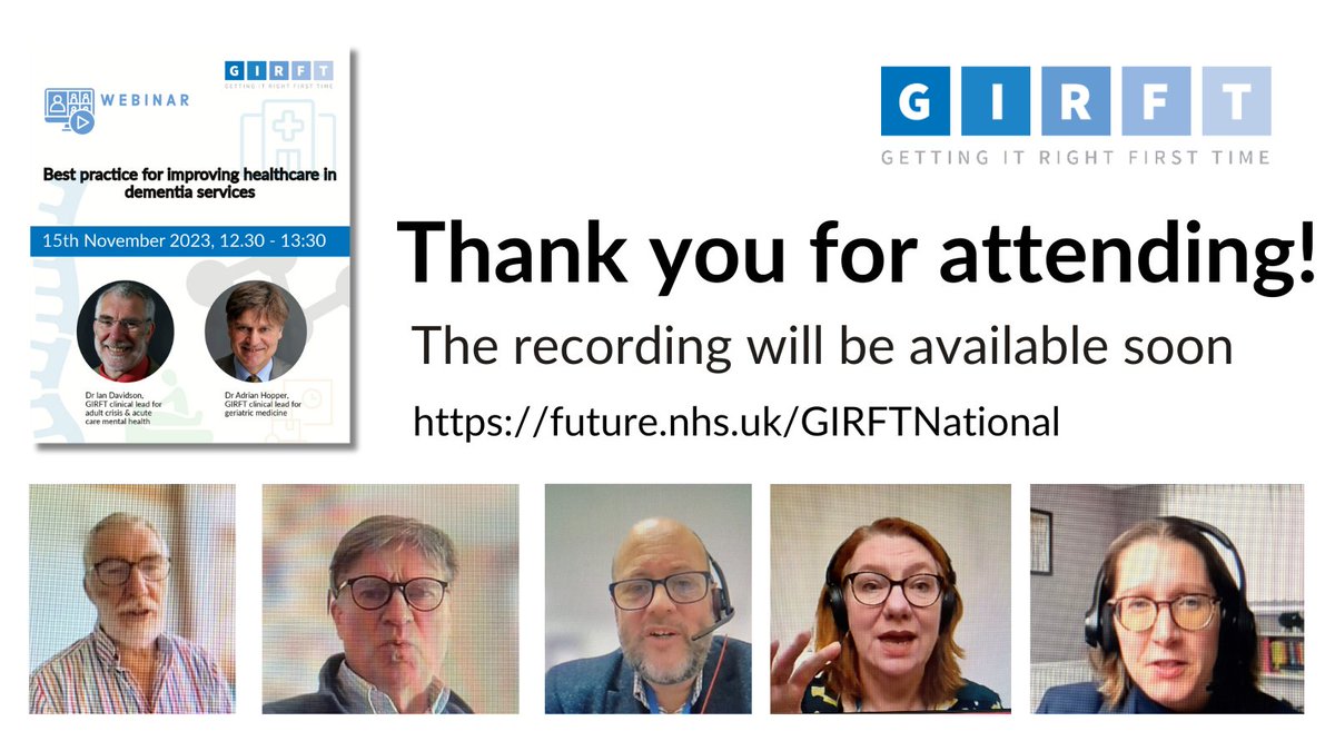 Huge thanks to the 7⃣2⃣0⃣ people who joined live today for our webinar on improving healthcare in dementia services 🙏And to our fantastic speakers: Ian Davidson @Psychautismcham Adrian Hopper @hopperah @DrBenUnderwood1 @EWolverson Linda Pointon Recording available very soon!