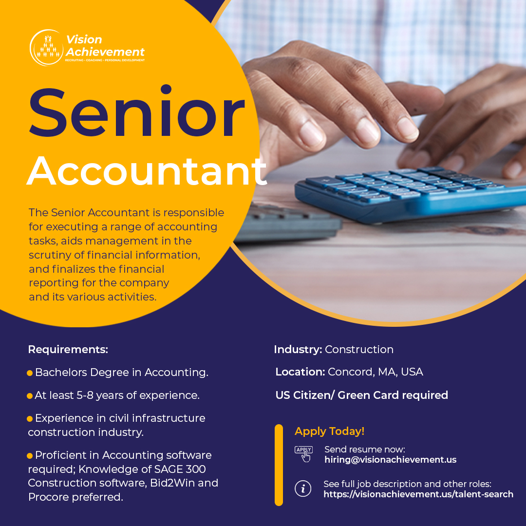 ⭐️ We are still looking for a Senior Accountant in the Concord, MA area!

Industry: Construction

Send resumes: hiring@visionachievement.us

Full job description: visionachievement.us/talent-search/

#senioraccountant #accountant #hiring #jobsearch #nowhiring #accountantsoftwitter #hr #share