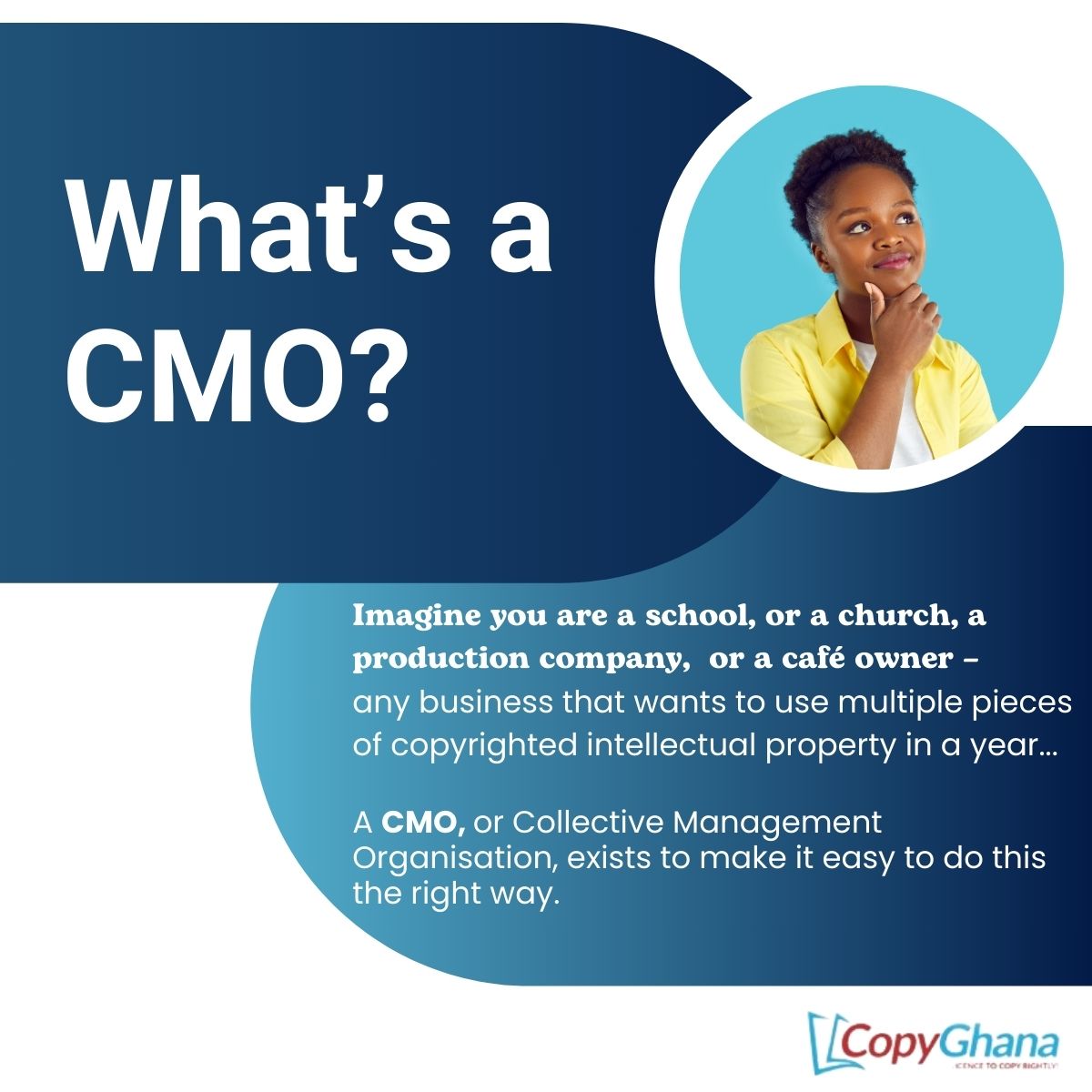 CopyGhana's tweet photo. As a text and image-based #CMO, @CopyGhana  is dedicated to ensuring that users have access to copyright protected works under fair conditions. In this post, let’s learn about what CMOs are and their role in fostering the creative ecosystem
#copyright #intellectualproperty #law https://t.co/F4lA013lqk