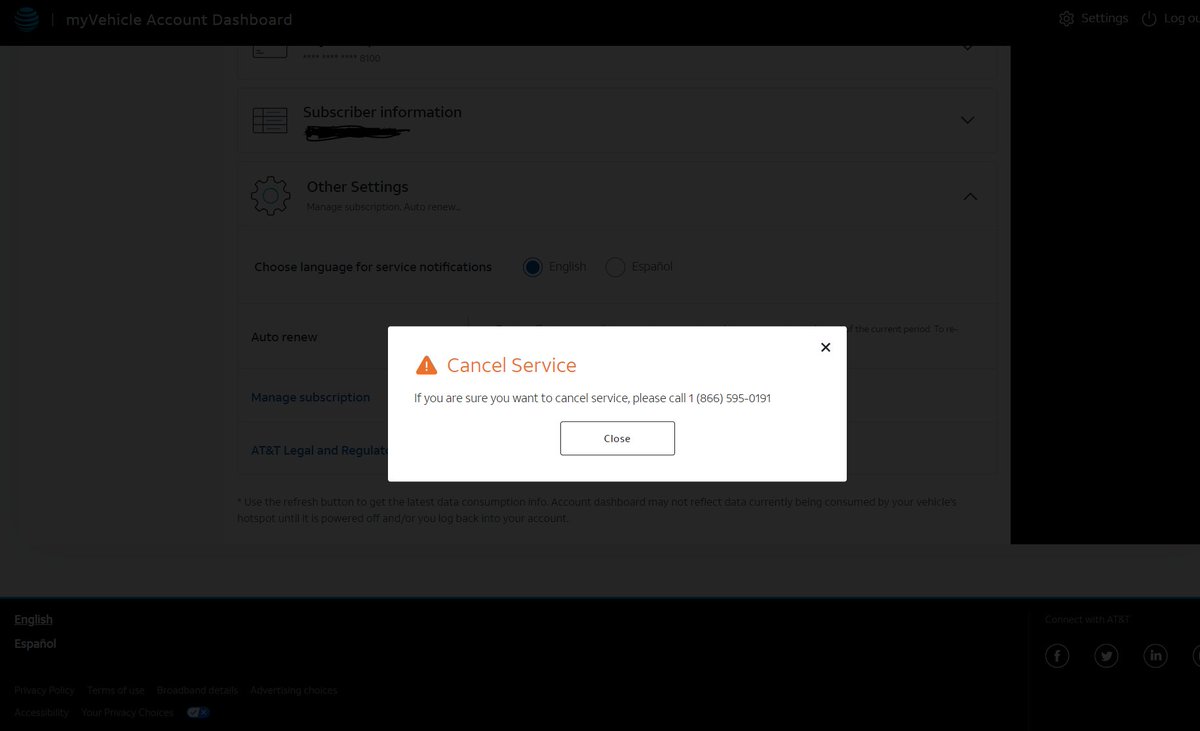 MattMyersJr's tweet photo. @ATTHelp For my vehicle wifi, just want to let you know clicking "Manage Subscription" only to be redirected to have to call in is a terrible customer experience. Zero reason this should be a thing outside of artificial hurdles to mitigate cancellations in the worst possible way. https://t.co/jiJroKkFG0