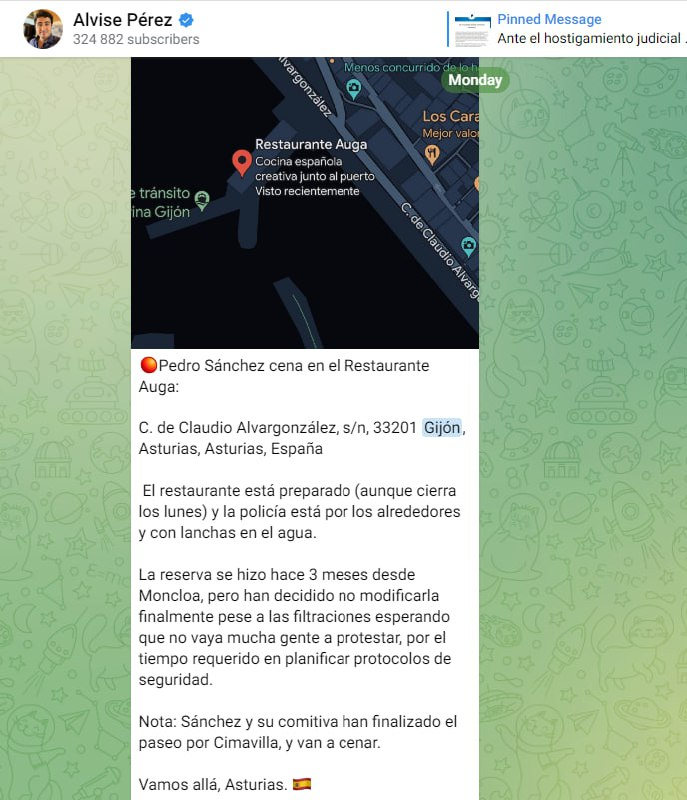 JulianMaciasT's tweet photo. De nuevo Alvise, Vito Quiles, EDA TV y Mediterraneo Digital se han coordinado para lanzar un bulo. Alvise presume de tener información privilegiada para dar directrices y acosar a Pedro Sánchez. En ese caso engañó a su comunidad diciendo que el presidente estaría en Gijón. https://t.co/BDOZTLxElv