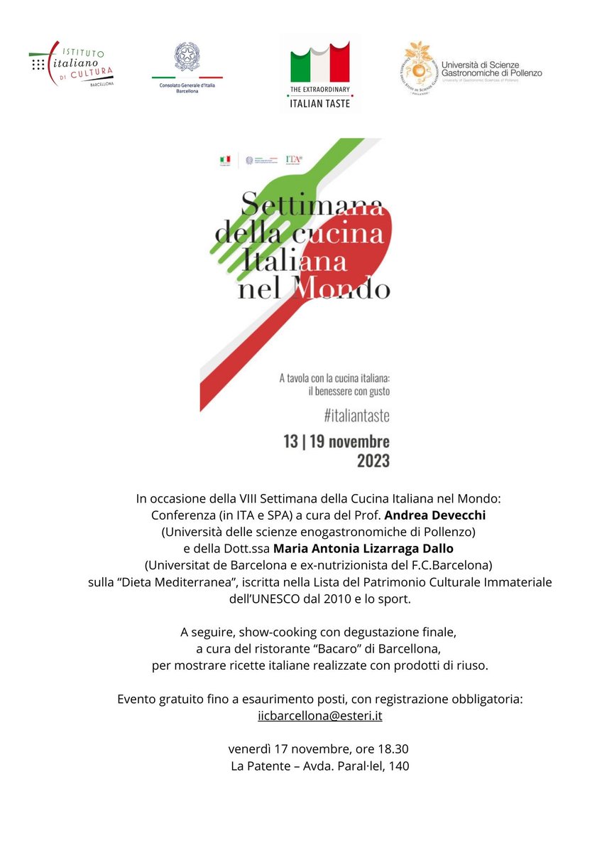 IICBarcellona (@iicbarcellona) on Twitter photo VIII Settimana della Cucina Italiana nel Mondo
Dieta Mediterranea. Conferenza dei Proff. Andrea Devecchi (Un. scienze enogastronomiche-Pollenzo)
e Maria Antonia Lizarraga Dallo (UB)
Showcooking: ristorante Bacaro
<a href="/la_patente/">La Patente</a>
📌La Patente, Av. Paral·lel, 140
🕑18.30
📅17.11.23 VIII Settimana della Cucina Italiana nel Mondo
Dieta Mediterranea. Conferenza dei Proff. Andrea Devecchi (Un. scienze enogastronomiche-Pollenzo)
e Maria Antonia Lizarraga Dallo (UB)
Showcooking: ristorante Bacaro
<a href="/la_patente/">La Patente</a>
📌La Patente, Av. Paral·lel, 140
🕑18.30
📅17.11.23