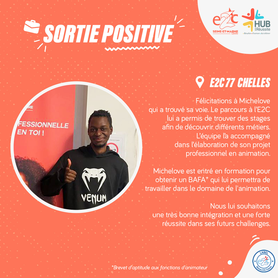 📸 [#Réussite #E2C] 👏🏻 Félicitations à Michelove qui a trouvé sa #voie😊
L'accompagnement de l'#E2C77 #Chelles lui a permis de trouver des #stages pour découvrir différents métiers et de travailler sur son projet professionnel en animation.
#E2C #Insertionprofessionnelle