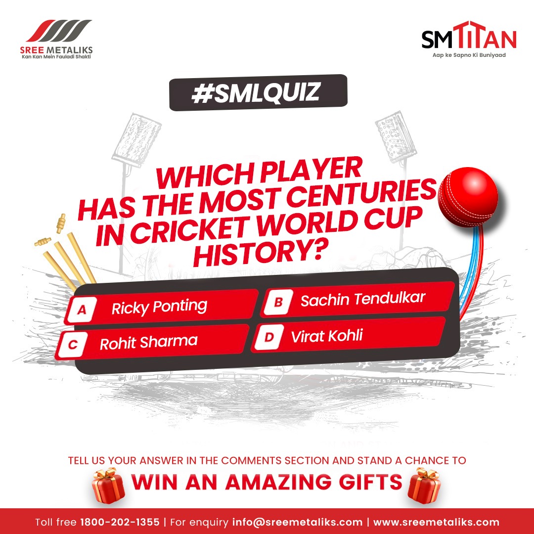 SreeMetaliks's tweet image. Who holds the record for the most centuries in Cricket World Cup history? 🏏 

Is it Ricky Ponting, Rohit Sharma, Sachin Tendulkar, or Virat Kohli? 

Test your cricket knowledge! 

#SMLQUIZ #contest #worldcup #worlcupcontest #sreemetaliks #smtitan