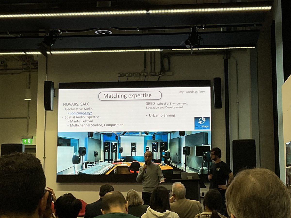 @SODAmcr @Jill_Griff @TICMcr @OfficialUoM The first lightning talk is delivered by our very own @RicardoCliment_ (@Novars_Research) and Loui Binns (@ioutheatre) about their CreaTech challenge earlier this year - the My3Words Gallery blending the digital and real world using diverse art and the map system what3words 💡🌏