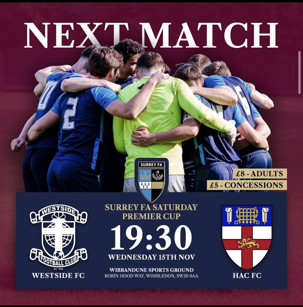 GAME ON!!!

Following a late pitch inspection, our Surrey FA Saturday Premier Cup game vs <a href="/WestsideFc_/">Westside FC</a> goes ahead this evening! 

Details below - get down and support the HAC!

#UTHAC🔵🟣