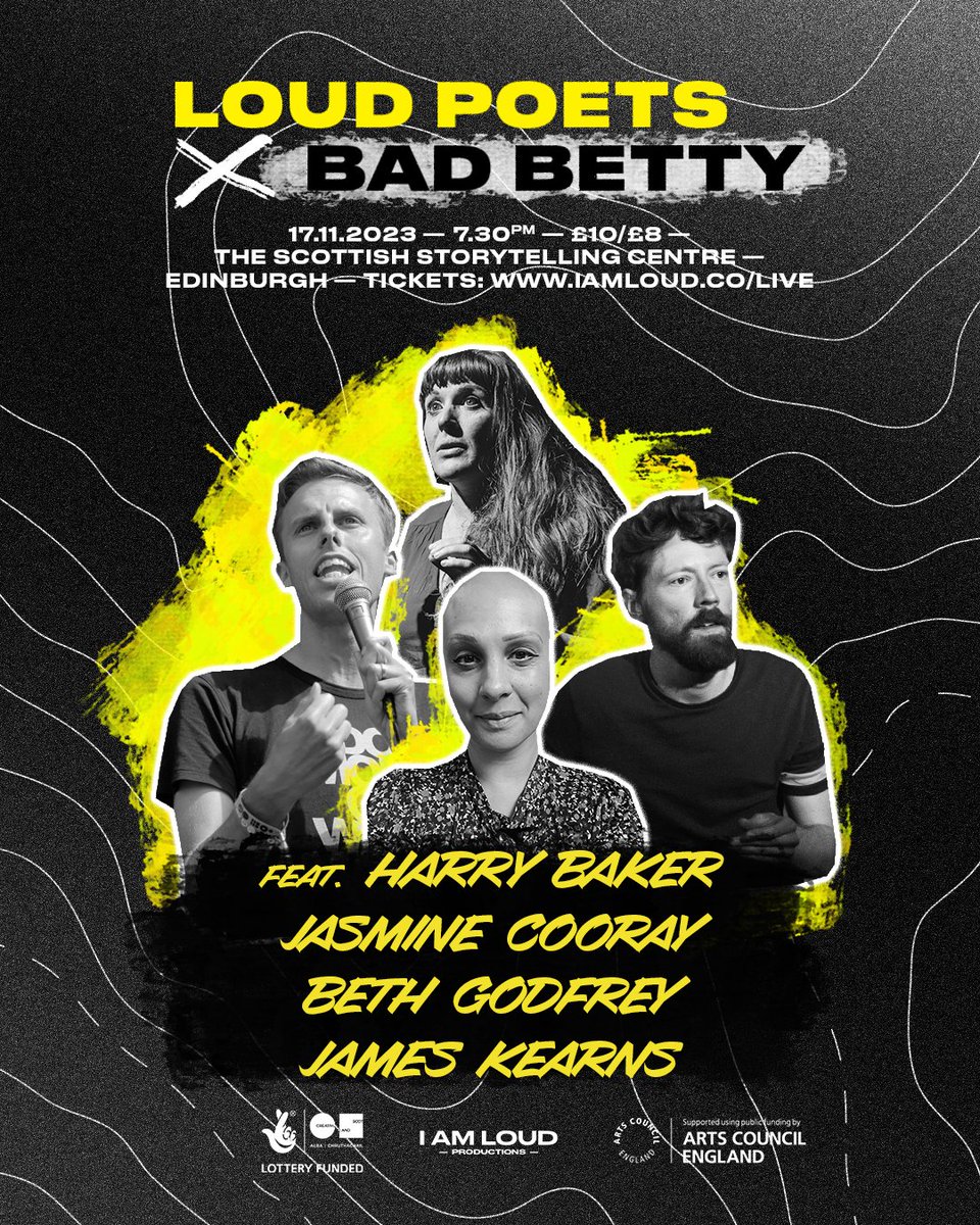 Fewer than 10 tickets left for Friday's @IAmLoudPro x @badbettypress show!

Ft. the iconic @harrybakerpoet @GodfreyBeth @JasmineCooray & James Kearns!

7:30pm, @ScotStoryCentre. Tickets & info: …storytellingcentre.online.red61.co.uk/event/913:4619… #whatsonedinburgh #poetry