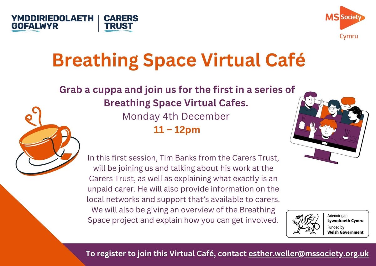 Please join us and learn about our new project Breathing Space supporting unpaid carers who support people living with MS in Wales <a href="/CarersTrustWal/">Carers Trust Wales</a> <a href="/CarersWales/">Carers Wales</a> #unpaidcarers #mscommunity