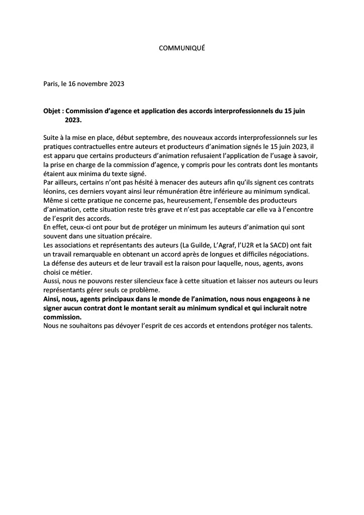 rosebudinc's tweet photo. Suite au problème de l'application des nouveaux accords interprofessionnels en animation concernant la prise en charge de la commission d'agence par les producteurs pour les contrats soumis aux minima syndicaux, je viens de proposer aux agents principaux de signer ce communiqué. https://t.co/dbSOARNdLd