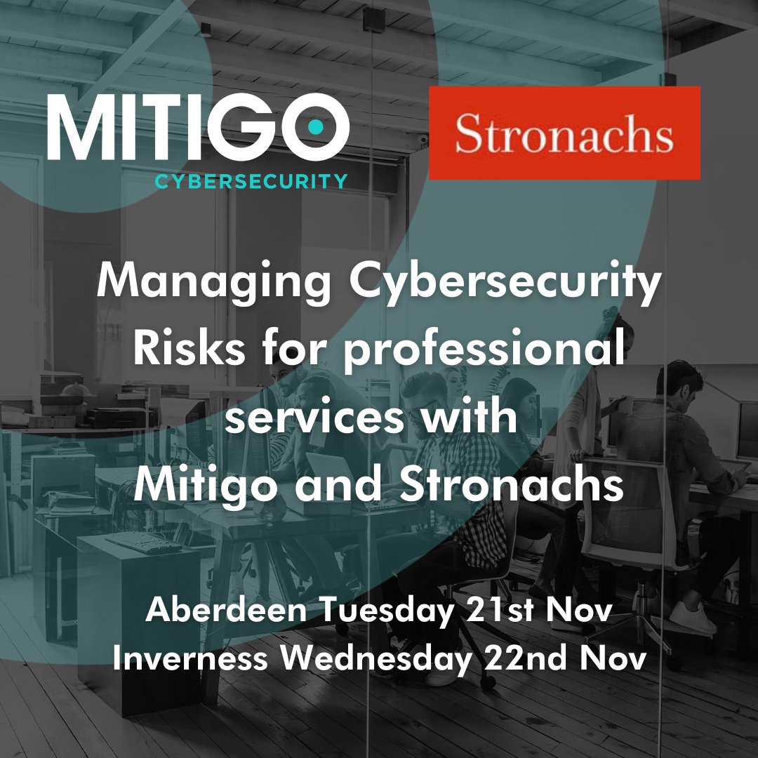 Breakfast Seminar on Cybersecurity for Professional Services #free to attend
Partnering with <a href="/MitigoGroup/">Mitigo Cybersecurity</a>
Aberdeen: 28 Albyn Place at 8am 21 Nov
Inverness: The Kingsmills Hotel at 8am 22 Nov

Details to register can be found here 👇👇
stronachs.com/news-insights/…
#CyberSecurity #Risk