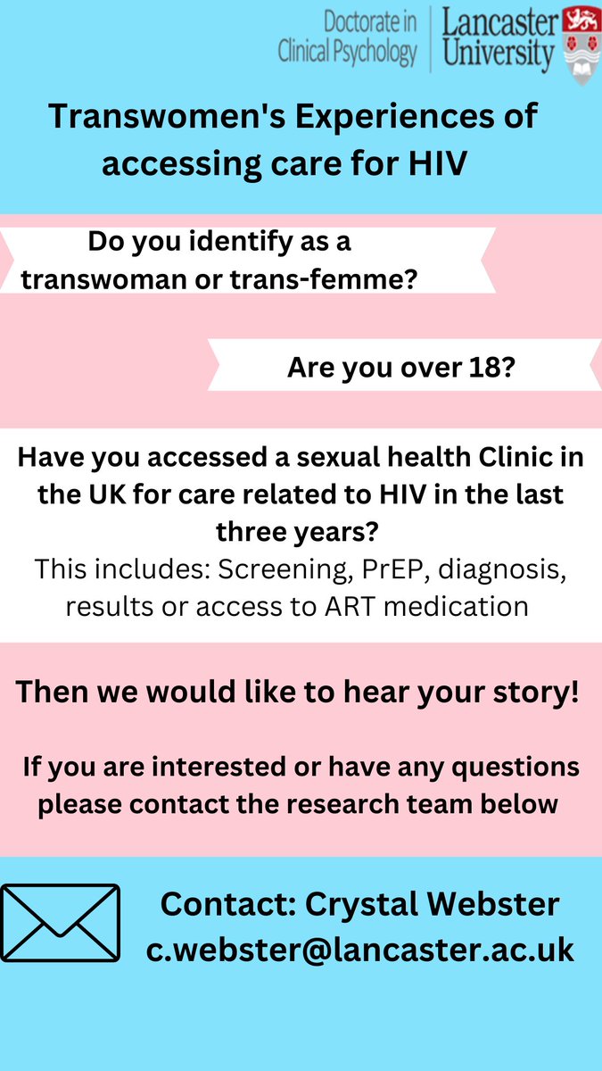 Do you identify as a trans woman? Have you accessed sexual health services for care related to HIV (consultation, testing, diagnosis, PrEP, ART medication)? Then I would love to hear your story: c.webster@lancaster.ac.uk #HIVresearch #transwomen #heathequality #PeEP #Sexualhealth