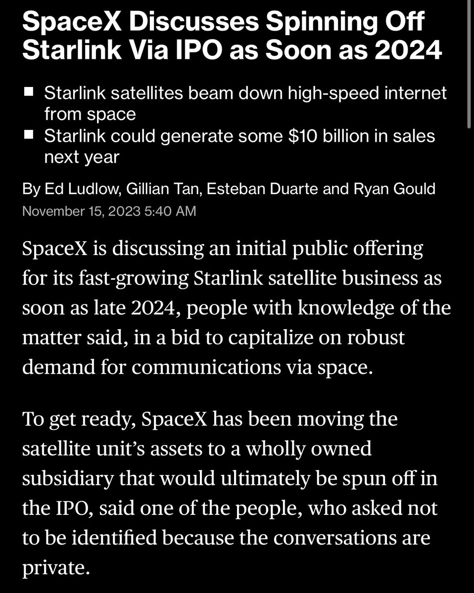 Teslaconomics's tweet image. NEWS: SpaceX is discussing spinning off Starlink via IPO as soon as 2024 (Bloomberg)