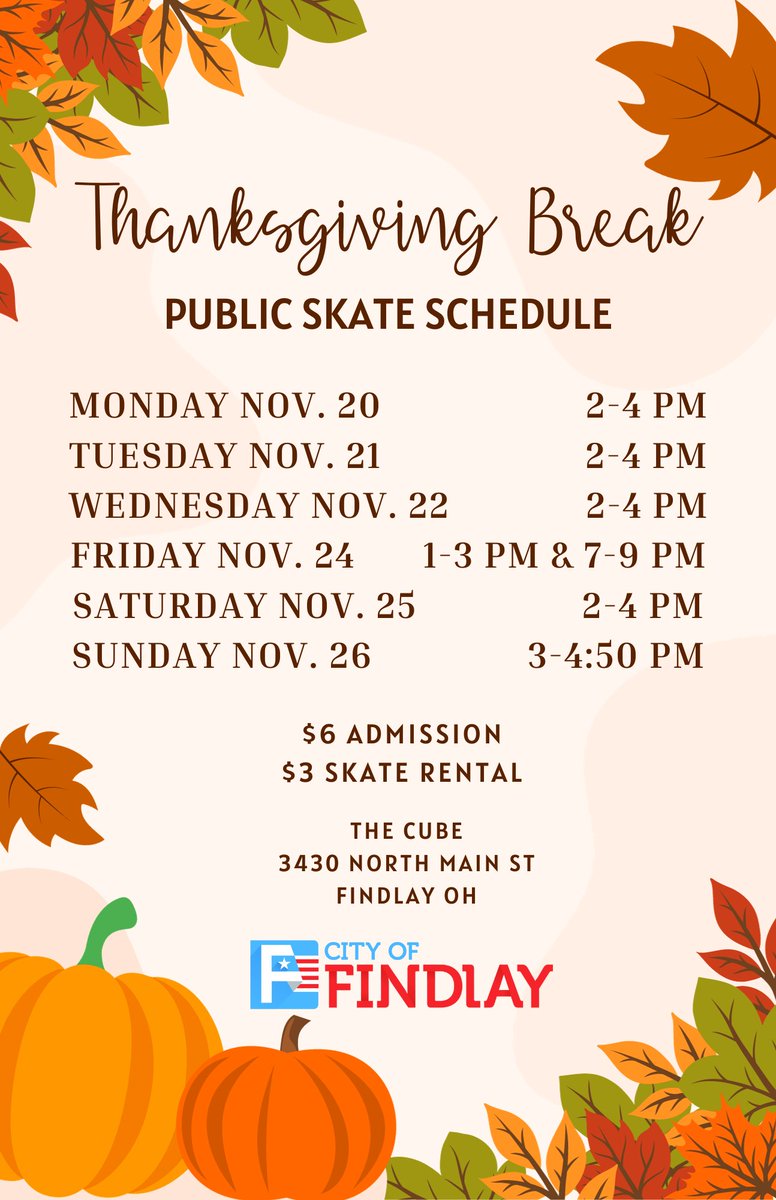 FindlayRec's tweet image. Are you looking for something to do with your family or friends over Thanksgiving Break? Come out to the Cube to Ice Skate! We have many public skate sessions next week for you and your family or friends to enjoy.  Admission is $6 and Skate Rental is $3
