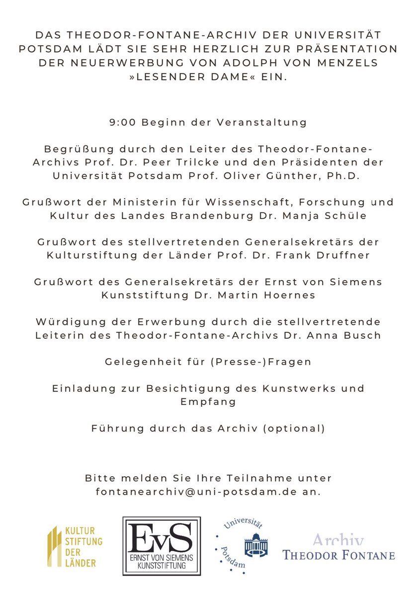 TheodorFontaneArchiv (@fontanearchiv) on Twitter photo GroĂe Neuigkeiten: Das <a href="/FontaneArchiv/">TheodorFontaneArchiv</a> hat mit UnterstĂŒtzung von <a href="/LaenderKultur/">Kulturstiftung der LĂ€nder</a> und <a href="/EvsHoernes/">Ernst von SIEMENS Kunststiftung</a> die gröĂte Einzelerwerbung in der Geschichte des Archivs getĂ€tigt: Die lesende Emilie #Fontane gemalt von Adolph #Menzel ist jetzt Teil unserer Sammlung!
uni-potsdam.de/de/nachrichten⊠GroĂe Neuigkeiten: Das <a href="/FontaneArchiv/">TheodorFontaneArchiv</a> hat mit UnterstĂŒtzung von <a href="/LaenderKultur/">Kulturstiftung der LĂ€nder</a> und <a href="/EvsHoernes/">Ernst von SIEMENS Kunststiftung</a> die gröĂte Einzelerwerbung in der Geschichte des Archivs getĂ€tigt: Die lesende Emilie #Fontane gemalt von Adolph #Menzel ist jetzt Teil unserer Sammlung!
uni-potsdam.de/de/nachrichtenâŠ