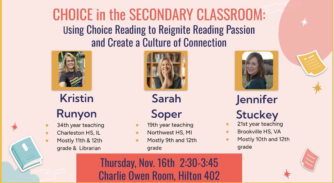 Soperclassroom's tweet image. Secondary English friends! Come see @KristinRunyon @Mrs_StuckeySays and me present on choice reading with novels and poetry #NCTE23 #aplitchat