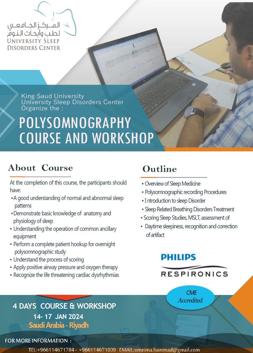 sleep_bahammam's tweet photo. The Polysomnography Course and Workshop will be held from January 14th to 17th, 2024, in Riyadh, Saudi Arabia. https://t.co/JYPaoGeJJK